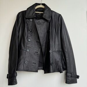 June 100% Genuine Black Leather Jacket Double Breasted Peplum Size S